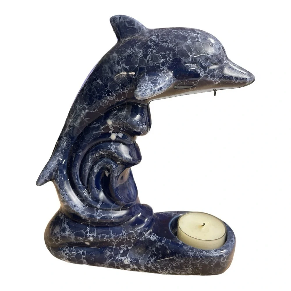 COBALT BLUE CERAMIC DOLPHIN FIGURINE  TEA LIGHT CANDLE HOLDER
